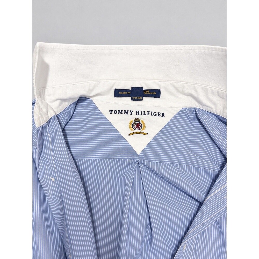 Tommy Hilfiger Men’s 16.5 32-33 Blue Pinstripe White Collar Crest Shirt